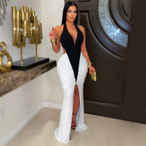 V Neck Contrast Color Split Maxi Dress BY-7573