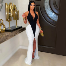 V Neck Contrast Color Split Maxi Dress BY-7573