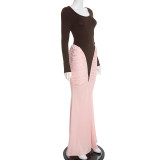 Color Block Ruched Slim Maxi Dress GSZM-J25DS383