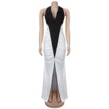 V Neck Contrast Color Split Maxi Dress BY-7573