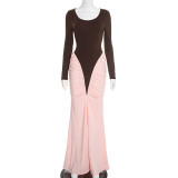 Color Block Ruched Slim Maxi Dress GSZM-J25DS383