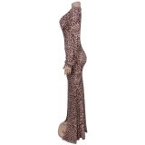 Deep V Neck Leopard Print Maxi Dress BY-7571