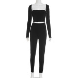 Square Neck Long Sleeve Top High-waisted Pants Two Piece Sets GSBD-Q25ST294
