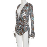 Leopard Print Long Sleeve Backless Top And Drawstring Shorts Two Piece Set GSBD-D25ST415