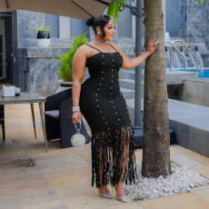 Sexy Sling Tassel Bubble Beads Midi Dress CYA-902042