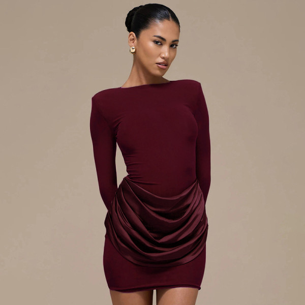 Solid-Color Long-Sleeve Gathered Mini Dress GSZM-C25DS334