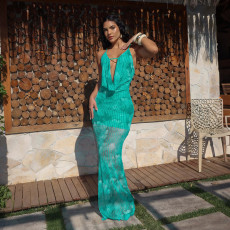 Deep V Neck Print Backless Maxi Dress CYA-901985