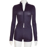 Slim Polka Dot Print Long Sleeve Zip-Up And Shorts Two Piece Set GSBD-D25ST411