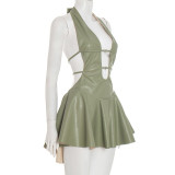 Sexy Faux Leather Backless Mini Dress GSBD-D25DS434