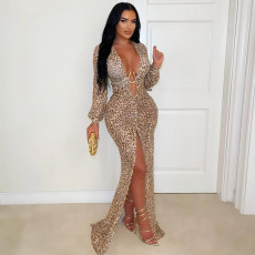 Deep V Neck Leopard Print Maxi Dress BY-7571