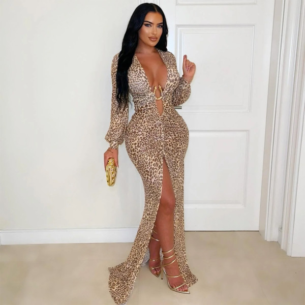 Deep V Neck Leopard Print Maxi Dress BY-7571