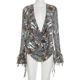Leopard Print Long Sleeve Backless Top And Drawstring Shorts Two Piece Set GSBD-D25ST415