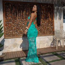 Deep V Neck Print Backless Maxi Dress CYA-901985