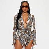 Leopard Print Long Sleeve Backless Top And Drawstring Shorts Two Piece Set GSBD-D25ST415