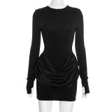 Solid-Color Long-Sleeve Gathered Mini Dress GSZM-C25DS334