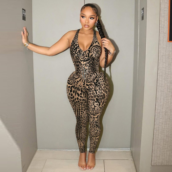 Sexy Leopard Print Backless Skinny Jumpsuit GSBD-D25JP177