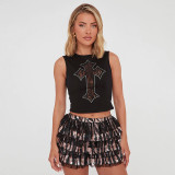 Cross Embroidered Rhinestone Pattern Tank Tops GSBD-Q25TP165
