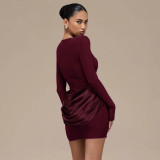 Solid-Color Long-Sleeve Gathered Mini Dress GSZM-C25DS334