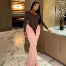 Color Block Ruched Slim Maxi Dress GSZM-J25DS383