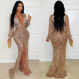 Deep V Neck Leopard Print Maxi Dress BY-7571