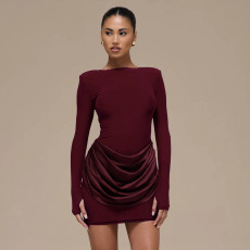 Solid-Color Long-Sleeve Gathered Mini Dress GSZM-C25DS334