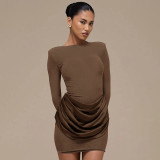 Solid-Color Long-Sleeve Gathered Mini Dress GSZM-C25DS334