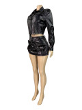PU Leather Button Tops Two Piece Skirt Set CH-25105