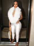 Feather Patchwork Deep V Neck Jumpsuit CH-25058