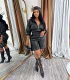 Leather Long Sleeve Hooded Two Piece Shorts Set MEM-88672
