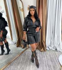 Leather Long Sleeve Hooded Two Piece Shorts Set MEM-88672