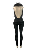 Feather Patchwork Deep V Neck Jumpsuit CH-25058