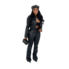 Casual PU Leather Two Piece Pant Set MEM-88674