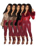 Furrzy Neck V-neck Leather Jackets CH-25063