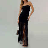 Solid Color Wrap Chest Mesh Split Maxi Dress GAXB-P0253DS