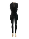 Feather Patchwork Deep V Neck Jumpsuit CH-25058