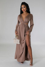 Deep V Neck Tie Up Split Maxi Dress XHXF-473