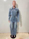 Fashion Denim Multi-pockets Wide Leg Jumpsuit LX-6073