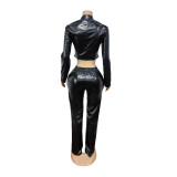 Casual PU Leather Two Piece Pant Set MEM-88674