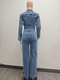 Single Breasted Washed Denim Two Piece Pant Set TK-6348