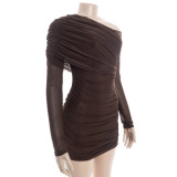 Slash Neck Mesh Ruched Mini Dress GAXB-D456DS