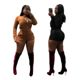Solid Color Long Sleeve Velvet Short Set MEM-88673