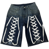  Ribbon-Tied Washed Denim Shorts BGN-360