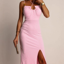Solid Color Halterneck Sling Midi Dress GAXB-W428DS