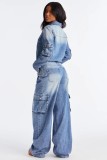 Fashion Denim Multi-pockets Wide Leg Jumpsuit LX-6073