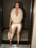 Feather Patchwork Deep V Neck Jumpsuit CH-25058