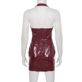 Leather Glossy V-Neck Bodycon Dress GPKJ-MR45060