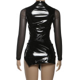 See Through Mesh Leather Patchwork Bodysuit Skirt Suit GZJQ-K25S85634