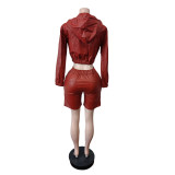 Leather Long Sleeve Hooded Two Piece Shorts Set MEM-88672