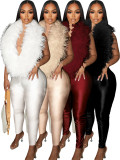 Feather Patchwork Deep V Neck Jumpsuit CH-25058
