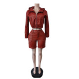 Leather Long Sleeve Hooded Two Piece Shorts Set MEM-88672